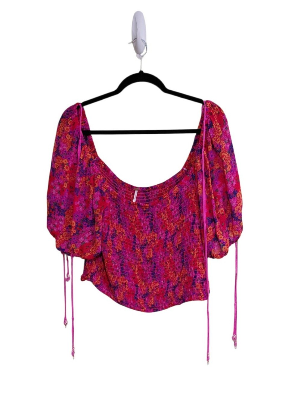 Free People Fuchsia Floral Puff Sleeve Scoop-Neck Blouse